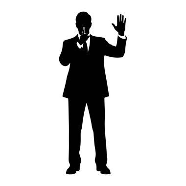 Takım elbiseli ve kravatlı bir adamın siyah silueti beyaz arka planda duruyor. İşaret parmağını dudaklarına koyuyor ve diğer elini kaldırıyor. Avucu öne bakıyor..