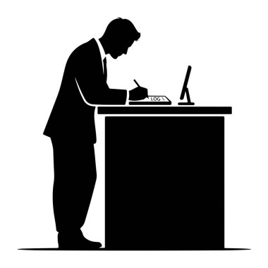 Takım elbiseli bir adamın siyah bir silueti masa başında duruyor ve bir belgeyi kalemle imzalamak için eğiliyor. Masada bir bilgisayar monitörü görülebilir. Görüntü, basit ve modern stili olan temiz, siyah ve beyaz bir resimdir..