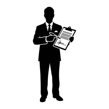 Takım elbiseli, kravatlı ve gömlekli bir adamın silueti elinde bir belge olan bir pano tutuyor. Belgeye bir kalem doğrultuyor, imzalar gibi görünüyor. Belgede metin satırları ve bir imza var.