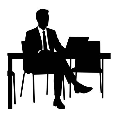 Takım elbiseli ve kravatlı bir adamın siyah silueti bir dizüstü bilgisayarla bir masada oturuyor. O, bacaklarını çapraz bir sandalyeye oturmuş, yana bakıyor. Masanın arkasında bir sandalye daha var. Arkaplan beyaz.