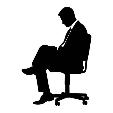 Takım elbiseli ve kravatlı bir adamın siyah bir silueti bir ofis sandalyesinde oturmaktadır. Yüzü yana bakıyor, başı eğik ve bacak bacak bacak üstüne atmış. Sandalyenin tekerlekli tabanı var. Arkaplan beyaz.