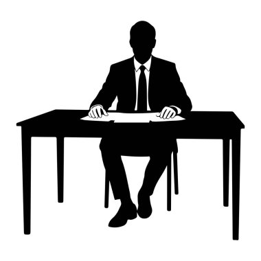 Siyah bir siluet takım elbise giyen ve kravat takan bir adam karanlık bir masada oturuyor. O, elleri masanın üzerinde bir yığın kağıt üzerinde dinlenirken, hafifçe öne eğiliyor. Arkaplan düz beyaz.
