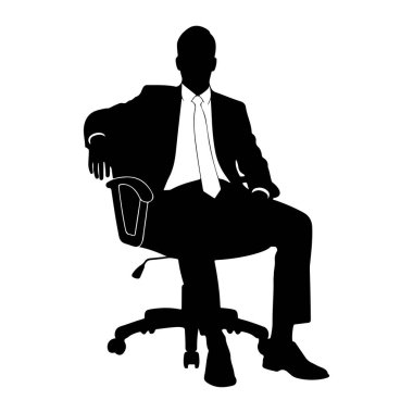 Takım elbiseli ve kravatlı bir adamın siyah silueti bir ofis sandalyesinde oturmaktadır. Adam kolları sandalyenin kollukları üzerinde dinlenerek öne bakıyor. Sandalyenin tekerlekli tabanı ve yüksek bir sırtı var. Görüntü bir beyaza karşı temiz ve izole bir siluet.