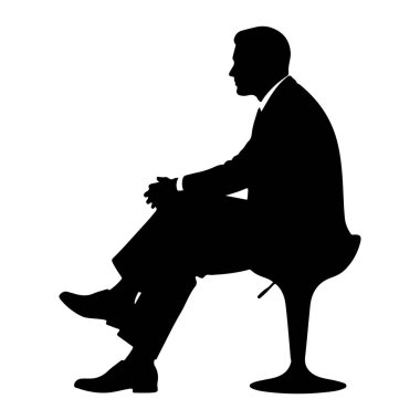 Takım elbiseli ve kravatlı bir adamın siyah silueti modern, yüksek sırtlı bir sandalyeye oturtulmuştur. Bacak bacak üstüne atmış ve elleri kucağına yapışmış. Siluet beyaz bir arkaplanda izole edilmiş. Adam profilden resmedilmiş, sola dönük..