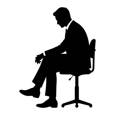 Takım elbiseli bir adamın siyah silueti tekerlekli bir ofis sandalyesinde oturuyor. Sola bakıyor, başı eğik ve elleri kucağına yapışık. Bacak bacak üstüne atmış. Sandalyenin tekerlekleri olan beş yıldızlı bir tabanı var. Arkaplan pla