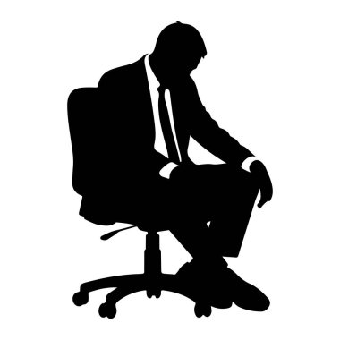 Takım elbiseli ve kravatlı bir adamın siyah bir silueti bir ofis sandalyesinde oturmaktadır. Başını eğerek öne eğiyor, dalgın ya da dalgın görünüyor. Sandalyenin tekerlekleri ve merkezi bir kaidesi var. Arkaplan düz beyaz.