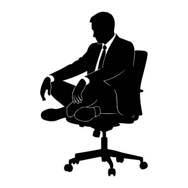Takım elbiseli ve kravatlı bir adamın siyah silueti bacak bacak üstüne atmış bir ofis sandalyesinde oturuyor. Bu figür göğüsten yukarı, başı aşağı eğilmiş ve elleri kucağında dinlenirken tasvir edilir. Sandalyenin tekerlekleri olan beş yıldızlı bir tabanı var. T
