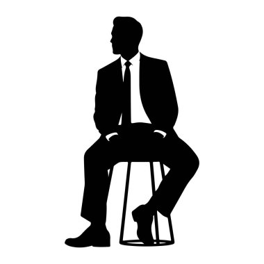 Takım elbiseli ve kravatlı bir adamın siyah bir silueti bir taburede oturmaktadır. Yandan bakılıyor, başını izleyiciye çevirmiş. Elleri cebinde ve bacakları çapraz. Arkaplan düz beyaz.