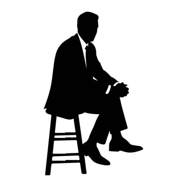 Takım elbiseli ve kravatlı bir adamın siyah bir silueti bir taburede oturmaktadır. Elleri kucağında birbirine kenetlenmiş ve aşağıya bakıyor. Arkaplan düz beyaz.