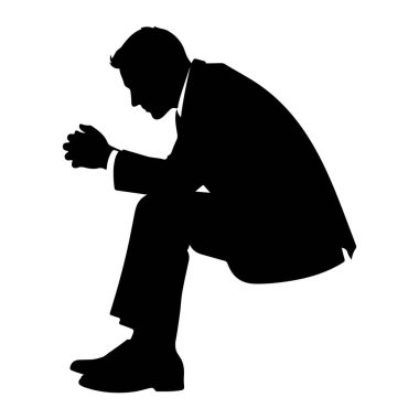 Takım elbiseli bir adamın siyah silueti elleri önünde birbirine kenetlenmiş bir şekilde otururken resmedilir. Düşünce ya da tefekküre dalmış gibi başı eğik bir şekilde profil olarak gösteriliyor. Arkaplan düz beyaz.