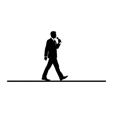 Takım elbiseli ve kravatlı bir adamın siyah silueti, yürürken ve ağzına bir mikrofon tutarken resmedilir. Beyaz arka plana karşı ince siyah bir çizgi üzerinde duruyor. Siluet detaylı, kafasının, omuzlarının, kollarının şeklini gösteriyor ve ben...