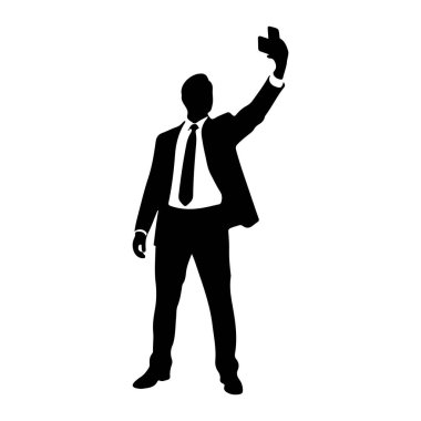Siyah bir siluet beyaz bir arkaplanda duruyor. O bir takım elbise, gömlek ve kravat giyiyor. Adam kaldırdığı sağ elinde akıllı bir telefon tutuyor ve selfie çekiyormuş gibi yapıyor. Sol kolu gevşek bir şekilde yanında asılı duruyor. Görüntü çok net, G
