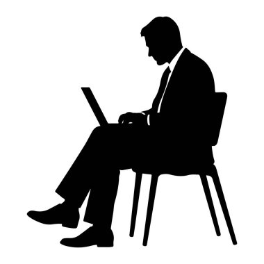 Takım elbiseli ve kravatlı bir adamın siyah bir silueti bir sandalyeye oturmuş, dizüstü bilgisayara bakıyor ve daktilo yazıyor. Arka plan düz beyaz. Adamın bacakları çapraz ve o elbise ayakkabıları giyiyor..