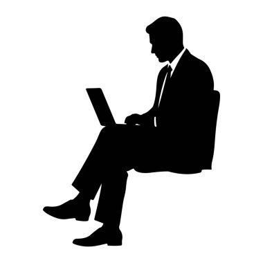 Takım elbise giyen ve kravat takan bir adamın siyah silueti dizüstü bilgisayar kullanırken bir sandalyeye oturur. Adam elleri dizüstü bilgisayarın klavyesinde, sola bakıyor. Arkaplan beyaz.