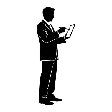 Takım elbiseli ve kravatlı bir adamın siyah silueti sağ tarafa dönük duruyor, sol elinde bir tablet ve sağ elinde de ekranla etkileşime girmiş bir stil var. Arkaplan düz beyaz.
