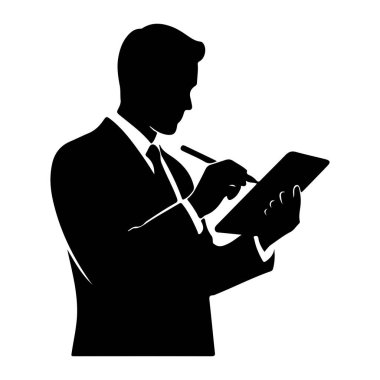 Takım elbise giyen ve kravat takan bir adamın siyah silueti, sol elinde bir tablet ve sağ elinde bir stil ile ekranda yazıyor veya çiziyor gibi gözükür. Arkaplan beyaz, katıksız bir karşıtlık oluşturuyor.
