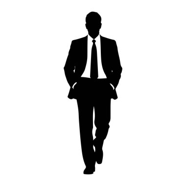 Elleri cebinde yürüyen bir adamın siyah silueti. O, yakalı gömlekli ve kravatlı bir takım elbise giyiyor. Arkaplan düz beyaz.