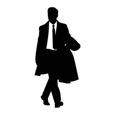 Takım elbiseli ve kravatlı bir adamın siyah silueti yürürken resmedilir. Şekil tepeden tırnağa gösteriliyor, bir bacağı öne doğru uzanıyor, diğeri de arkaya doğru uzanıyor, bu da hareketi gösteriyor. Takım elbise ceketi açık ve kravat açıkça görülüyor. Evet.