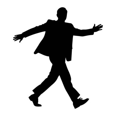 Takım elbiseli bir adamın siyah silueti, kolları yanlara doğru uzanmış şekilde yürürken resmedilir. Bacakları hareket halinde ve o da giysi ayakkabısı giyiyor. Arkaplan beyaz, figürün katıksız karşıtlığını vurguluyor.