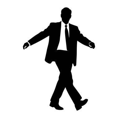 Takım elbiseli ve kravatlı bir adamın siyah silueti kolları yanlara doğru açık bir şekilde yürürken resmedilir. Şekil beyaz bir arkaplanda izole edilmiştir. Adam hareket ediyor gibi görünüyor, bir bacağı önde, diğeri de arkada. Kafası... 