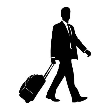 Takım elbiseli ve kravatlı bir adamın siyah silueti bir bavulu çekerken yürürken resmedilir. Şekil, düz beyaz bir arkaplanda profil olarak gösterilir. Adamın duruşu öne doğru hareket ettiğini gösteriyor, bir bacağı uzamış ve diğeri de eğilmiş.