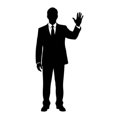 Siyah bir siluet bir adam öne bakıyor, resmi bir takım elbise ve beyaz bir gömlek giyiyor. Sağ eli el sallayarak hareket eden parmaklarıyla kaldırılır. Arkaplan düz beyaz.