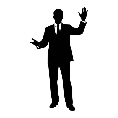 Siyah bir siluet, takım elbiseli ve kravatlı bir adam öne bakıyor. Sağ kolu el sallayarak açılır, sol kolu ise avuç içi açık bir şekilde hafifçe yana doğru uzanır. Arka plan bembeyaz..