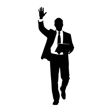 Beyaz arka planda takım elbiseli ve kravatlı bir adamın siyah silueti tasvir edilir. O ileri yürüyor ve el sallayarak sağ elini kaldırıyor. O da sol elinde bir tablet tutuyor..