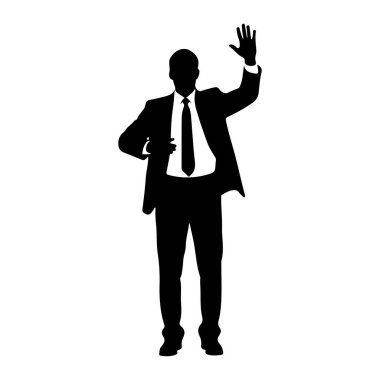 Takım elbiseli ve kravatlı bir adamın siyah silueti el sallayarak sağ elini kaldırır. Sol eli göğsüne yakın. Şekil beyaz bir arkaplanda izole edilmiştir..
