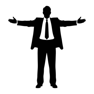 Siyah bir adam silueti kollarını yanlara doğru açmış duruyor. O, kravatlı bir takım elbise giyiyor. Arkaplan beyaz.