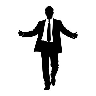 Takım elbiseli ve kravatlı bir adamın siyah silueti kolları açık ve başparmakları havada duruyor. İleriye doğru yürüyor gibi görünüyor. Takım elbise koyu, gömlek ve kravat beyaz. Arka plan bembeyaz..
