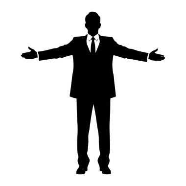 Siyah bir adam silueti kollarını yanlara doğru açmış duruyor. O, ceket, pantolon, gömlek ve kravat ile resmi bir takım elbise giyiyor. Siluet beyaz bir arkaplanda izole edilmiş..