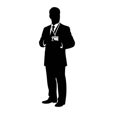 Siyah silueti olan bir adam öne bakıyor. Boynunda takım elbise, kravat ve bir rozet var. Rozet beyaz ve küçük bir figür simgesi ve metni gösteren satırlar var. Arkaplan düz beyaz.