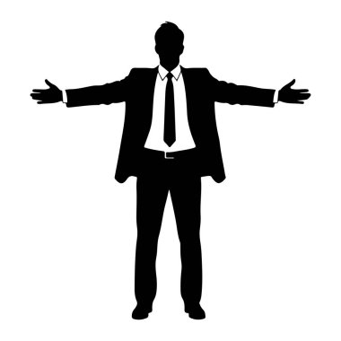 Siyah bir adam silueti kollarını yanlara doğru açmış duruyor. Ceketi, pantolonu, yakalı gömleği ve kravatı olan resmi bir takım elbise giyiyor. Arka plan bembeyaz..