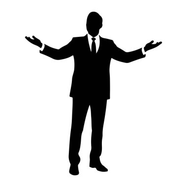 Siyah bir adam silueti kollarını yanlara doğru açmış duruyor. Kravatlı bir takım elbise giyiyor ve elleri açık. Şekil beyaz bir arkaplanda izole edilmiştir..
