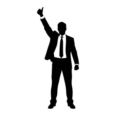 Siyah silueti olan bir adam öne bakıyor. O bir takım elbise, gömlek ve kravat giyiyor. Sağ kolu başparmağıyla yukarı doğru kaldırılır ve bir onay ya da başarı jesti yapar. Sol eli kalçasında dinleniyor. Arkaplan düz beyaz.