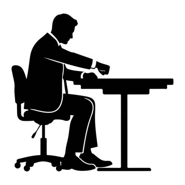 Takım elbiseli ve kravatlı bir adamın siyah bir silueti masada oturuyor, çalışıyor gibi görünüyor. O, tekerlekli bir ofis sandalyesinde oturuyor. Arkaplan düz beyaz.
