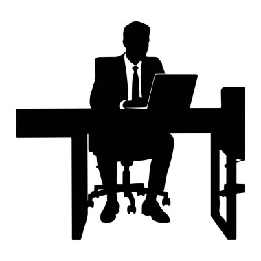 Takım elbiseli ve kravatlı bir adamın siyah silueti bir masada oturup dizüstü bilgisayarda yazı yazarken görülüyor. O bir ofis sandalyesinde oturuyor ve masanın modern, minimalist bir tasarımı var. Arka plan beyaz, siyah siluetin katıksız kontrastını vurguluyor..