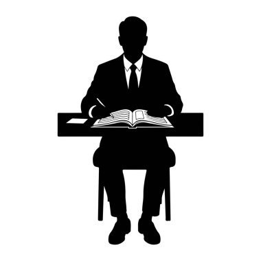 Takım elbiseli ve kravatlı bir adamın siyah bir silueti bir masada, elinde bir kalem ve açık bir kitaba yazı tutuyor. Görüntü, beyaz arkaplandaki basit ve izole bir resimdir..