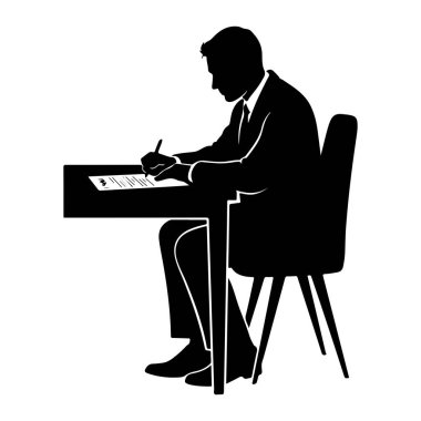 Takım elbiseli ve kravatlı bir adamın siyah bir silueti bir masada, kalemle bir belgeye yazılıyor. O, önünde bir masa ile bir sandalyede oturuyor. Görüntü beyaz arkaplan ile basit ve temiz bir illüstrasyondur..