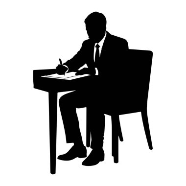 Takım elbiseli ve kravatlı bir adamın siyah bir silueti elinde kalemle bir kağıt parçasına yazı yazarak bir masada oturuyor. O bir sandalyede oturuyor, önünde masa ile birlikte. Arkaplan beyaz.