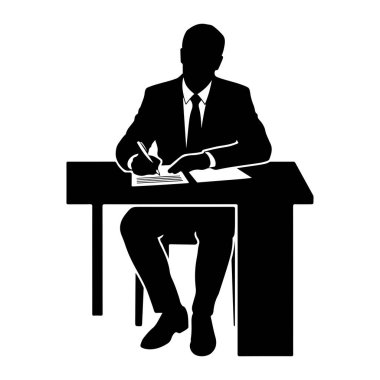Takım elbiseli ve kravatlı bir adamın siyah bir silueti elinde kalemle bir belgeye yazı yazarak bir masada oturuyor. Evraklar masanın üzerinde görünüyor. Adam bacak bacak üstüne atmış bir şekilde bir sandalyede oturuyor. Görüntü, bembeyaz bir beyle basit ve temiz bir illüstrasyondur.