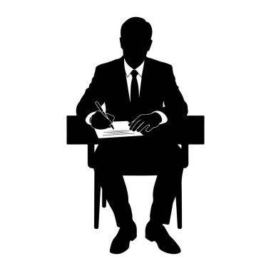 Takım elbiseli ve kravatlı bir adamın siyah bir silueti elinde kalemle bir belgeye yazı yazarak bir masada oturuyor. Görüntü, beyaz bir arkaplanda basit ve temiz bir resimdir..