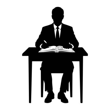 Siyah bir siluet takım elbise giyen ve kravat takan bir adam karanlık bir masada oturuyor. O, önündeki masanın üzerine açık bir kitaba bir kalem ve yazı tutuyor. Resim, beyaz bir arkaplana karşı basit bir grafik gösterimidir.