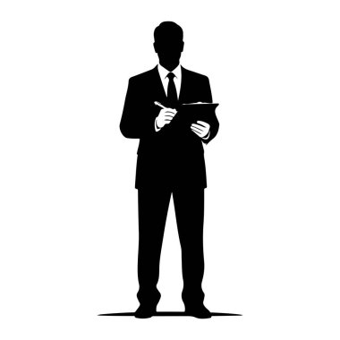 Takım elbiseli ve kravatlı bir adamın siyah silueti elinde bir not panosu ve kalemle yazı yazıyor. Şekil beyaz bir arkaplanda izole edilmiştir..