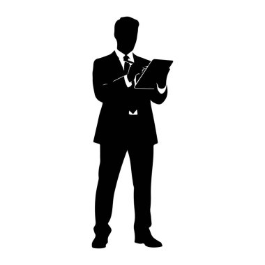 Kalemle tablete yazı yazan siyah bir siluet. O bir takım elbise, gömlek ve kravat giyiyor. Arkaplan beyaz.