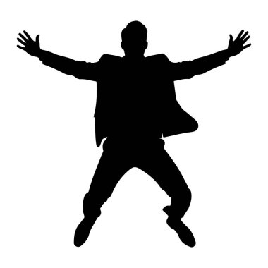 Takım elbiseli bir adamın siyah bir silueti havada yakalanır ve kolları açık atlanır. Bacakları bükülmüş ve vücudu hafifçe açılı. Görüntü net, siyah figür saf beyaz bir arkaplan ile tamamen zıt..
