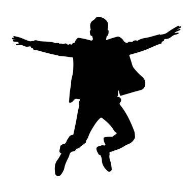 Siyah silueti olan takım elbiseli bir adam kolları açık bir şekilde orta atlamada yakalanır. O bir ceket ve pantolon giyiyor, bacakları bükülmüş ve ayakları aşağıya dönük, dinamik bir sıçrama ya da kutlama pozu izlenimi veriyor. Görüntü bir düzlükte izole edilmiş.
