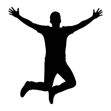 Siyah bir insan silueti havada yakalanıyor, kolları açık atlıyor. Bu figür, dinamik bir sıçrama gibi bacakları bükülmüş bir tişört ve pantolon giyiyor. Siluet düz beyaz bir arkaplan üzerinde durmaktadır, formu ve m 'yi vurgular.