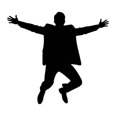 Siyah silueti olan takım elbiseli bir adam kolları açık bir şekilde orta atlamada yakalanır. O bir ceket, pantolon ve ayakkabı giyiyor, ve vücudu sanki bir neşe anı ya da zafer anı gibi açılı. Şekil, düz beyaz bir sırt deliğine karşı izole edilmiştir.